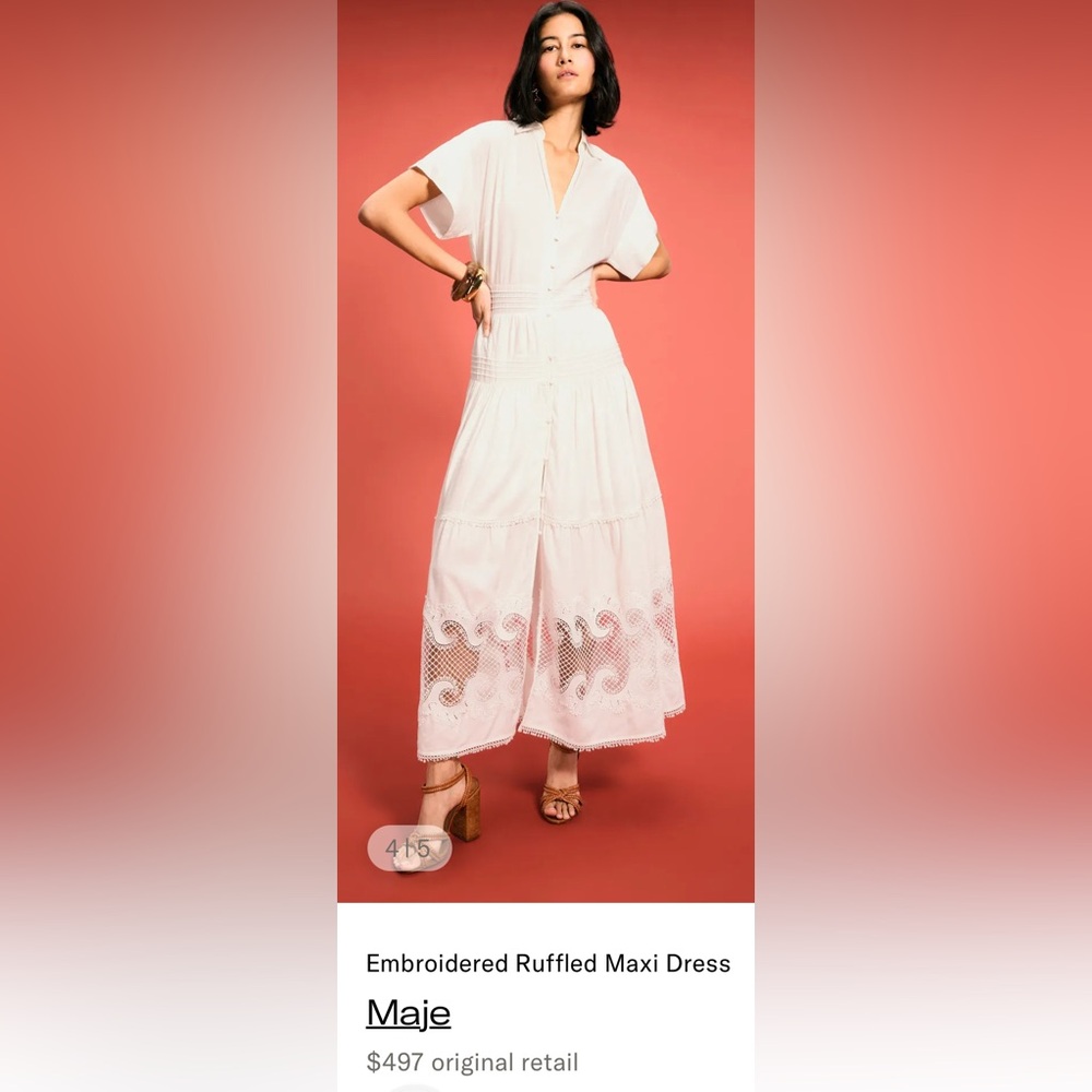 Maje Embroidered Ruffled Maxi Dress with Button-Front EU 38 - Picture 2 of 12